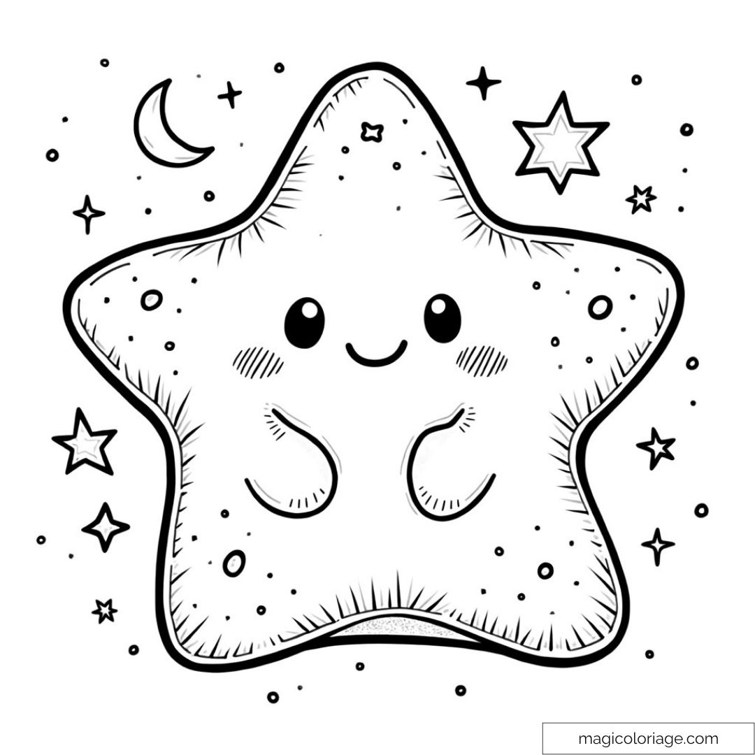 Adorable étoile Squishmallow à colorier parmi les étoiles et la lune