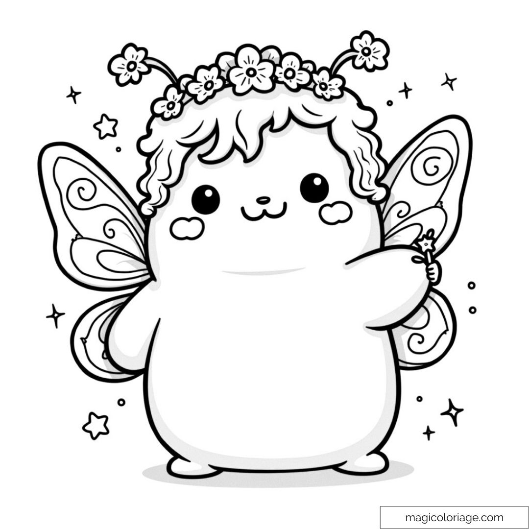 Squishmallow papillon avec antennes fleuries et étoiles féeriques.