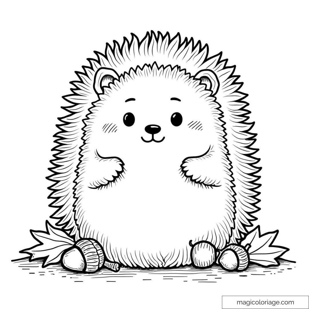 Dessin Squishmallow hérisson avec glands et feuilles à colorier.