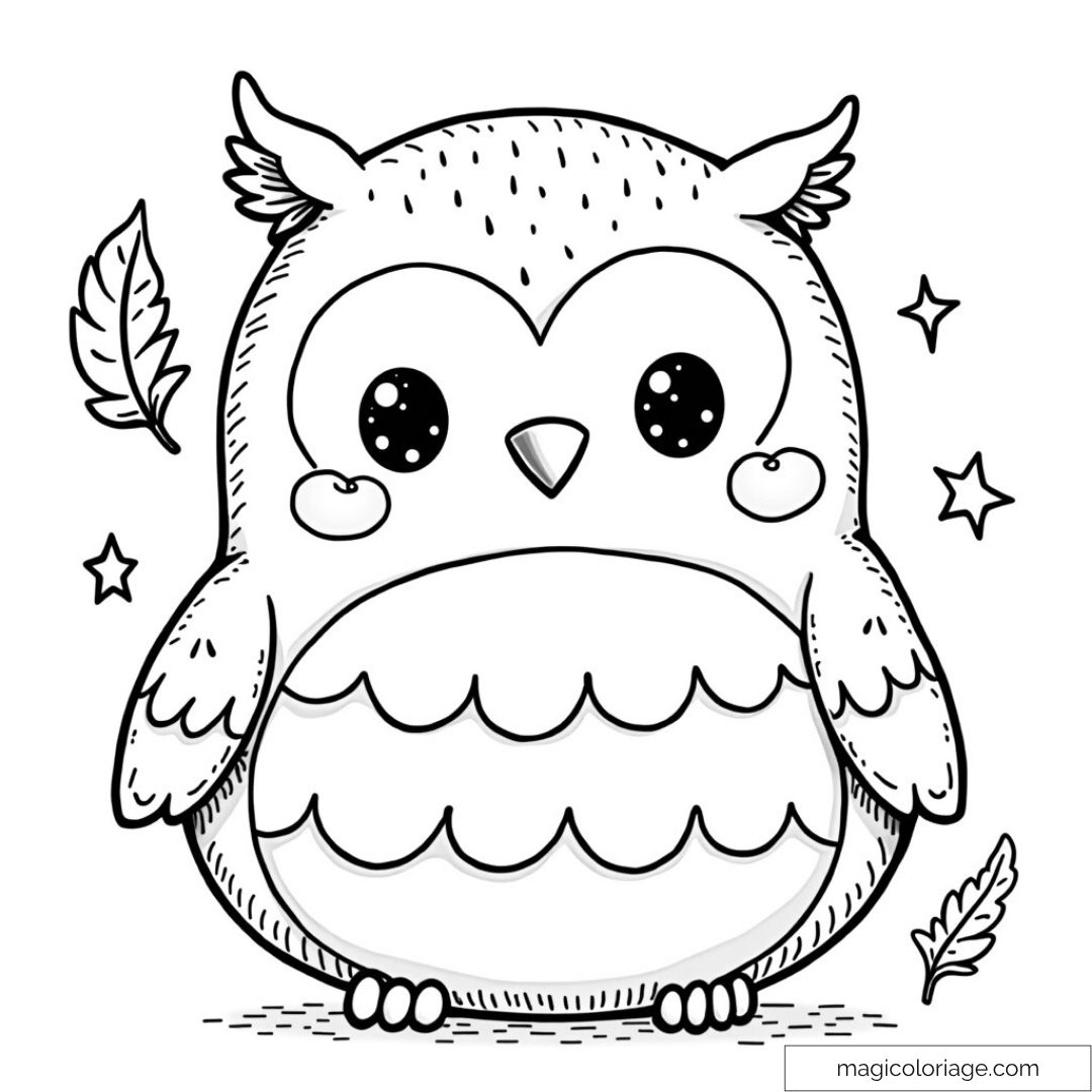 Dessin de hibou Squishmallow avec étoiles et plumes à colorier.