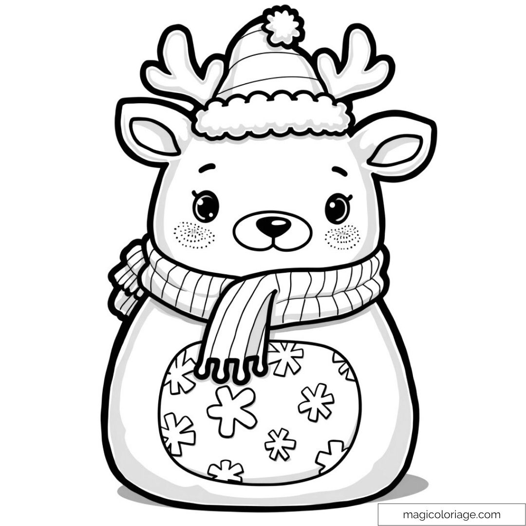 Dessin d'un Squishmallow renne avec bonnet et écharpe à motifs flocons
