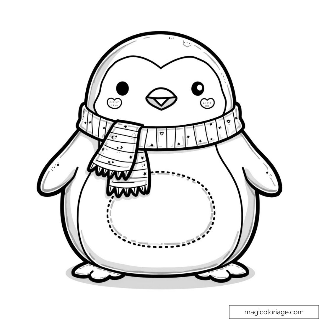 Coloriage Squishmallow pingouin avec une écharpe mignonne.