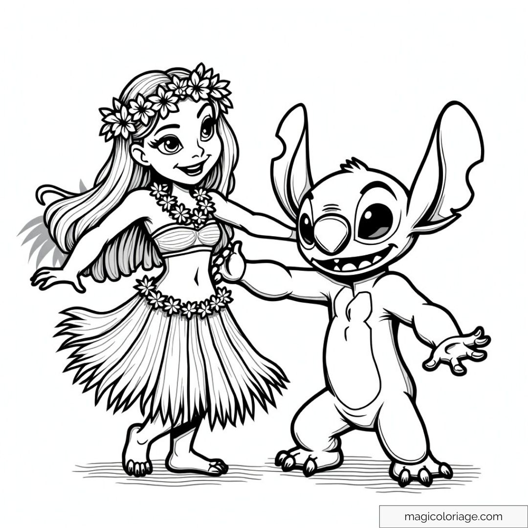 Dessin à colorier de Lilo et Stitch dansant ensemble, avec Lilo en tenue hawaïenne traditionnelle et Stitch souriant avec enthousiasme.