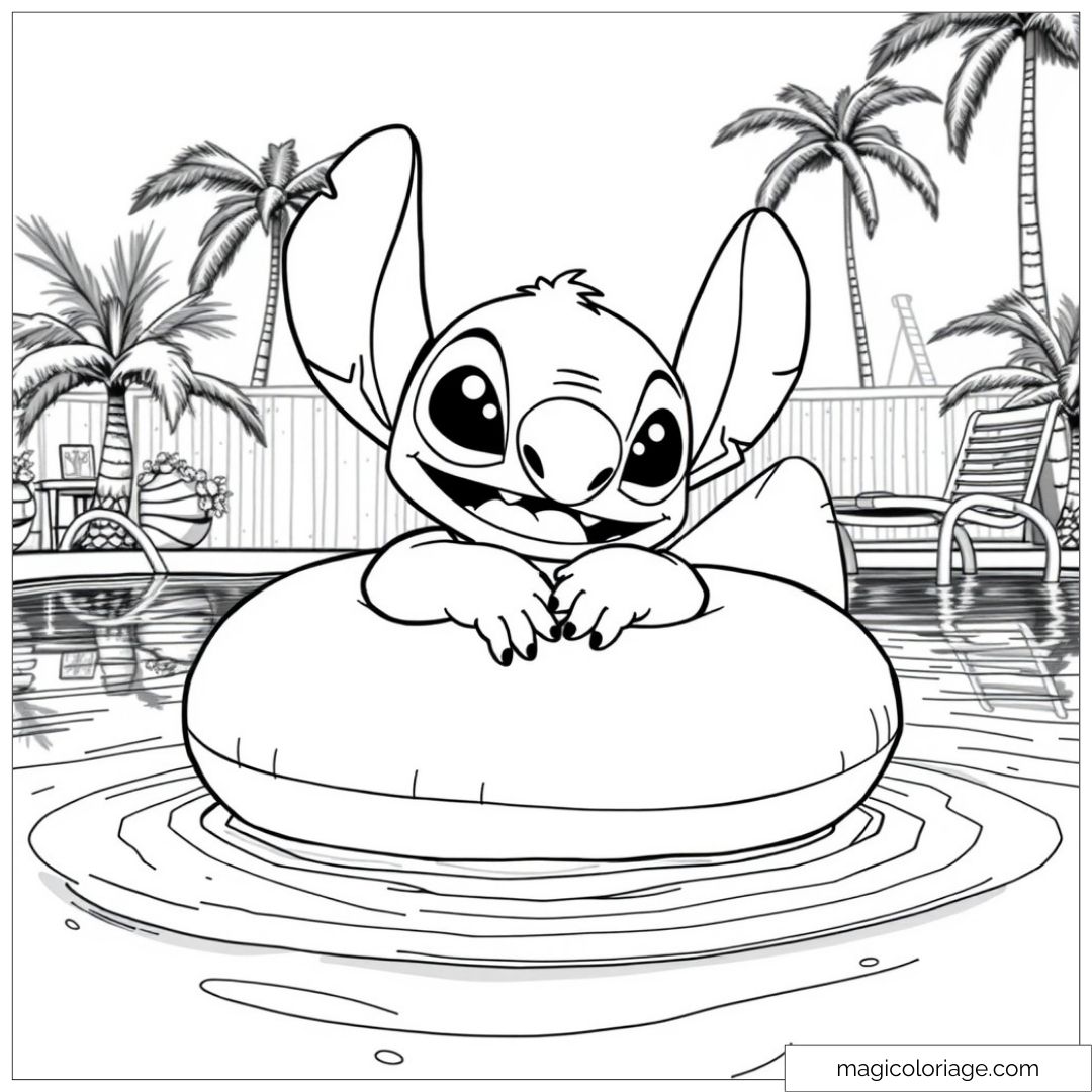 Coloriage à imprimer de Stitch à la piscine, flottant sur une bouée avec des palmiers en arrière-plan.