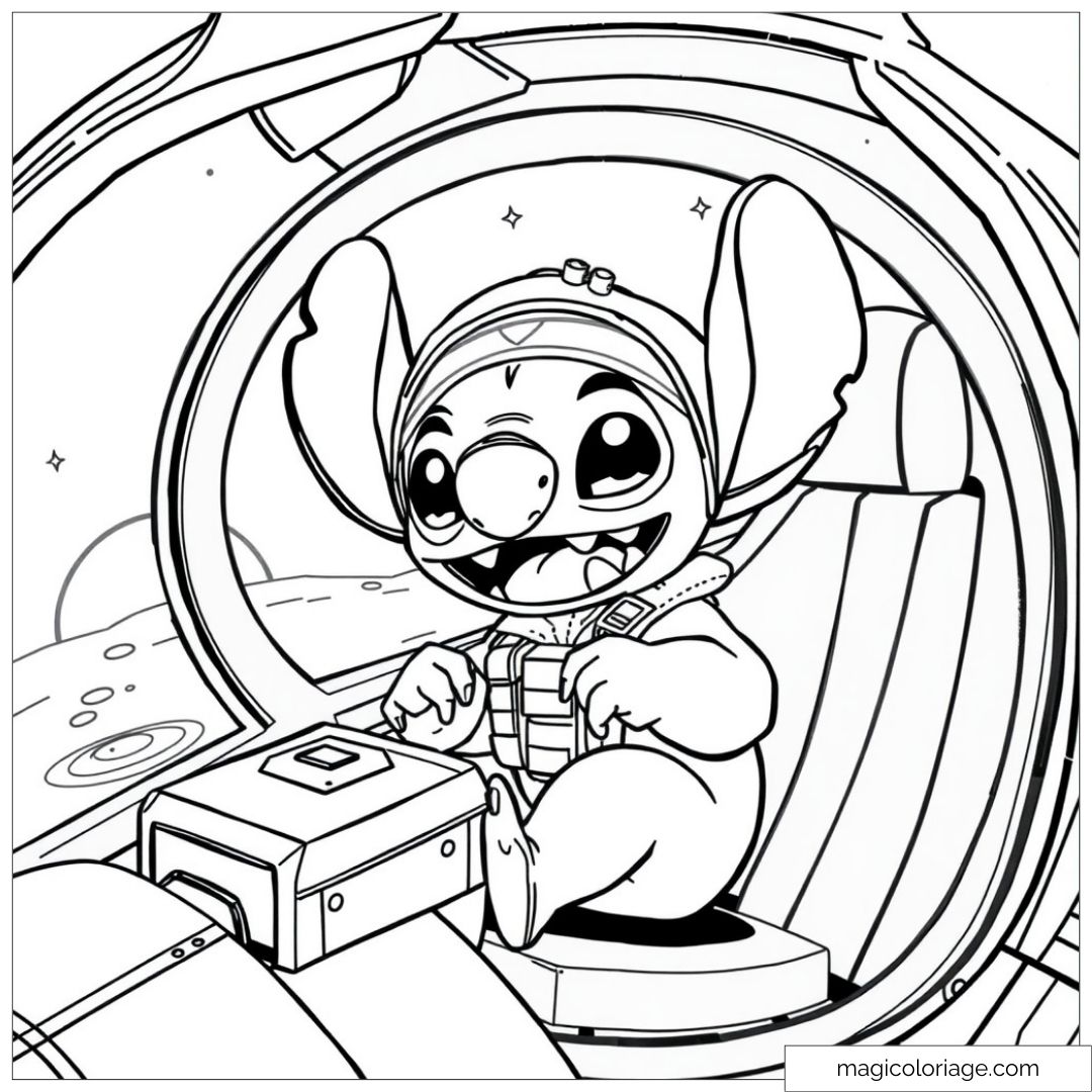 Coloriage à imprimer de Stitch en astronaute dans un vaisseau spatial, prêt pour une aventure intergalactique.