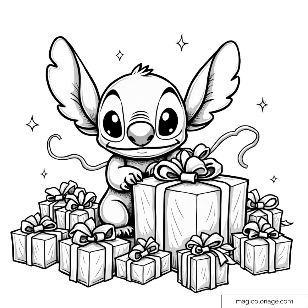 Dessin de Stitch assis au milieu de plusieurs cadeaux de Noël, souriant joyeusement.