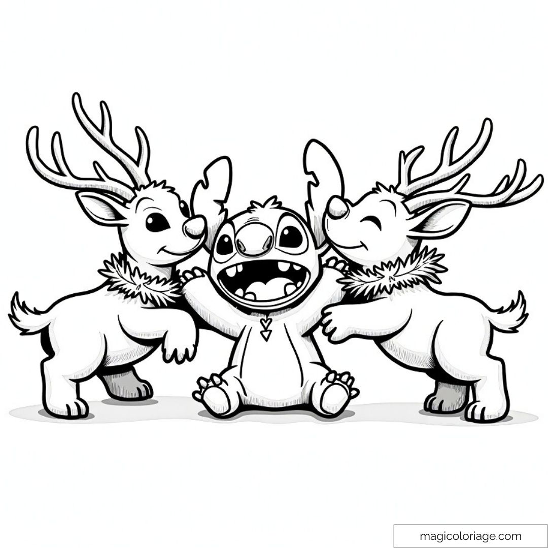 Dessin de Stitch assis et souriant entre deux rennes de Noël, amusés et joyeux.