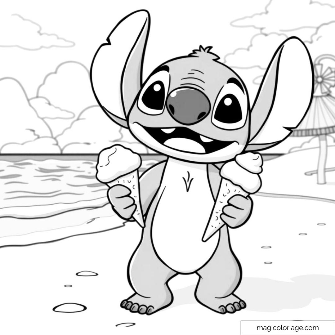 Coloriage à imprimer de Stitch à la plage, tenant deux glaces, parfait pour les enfants.