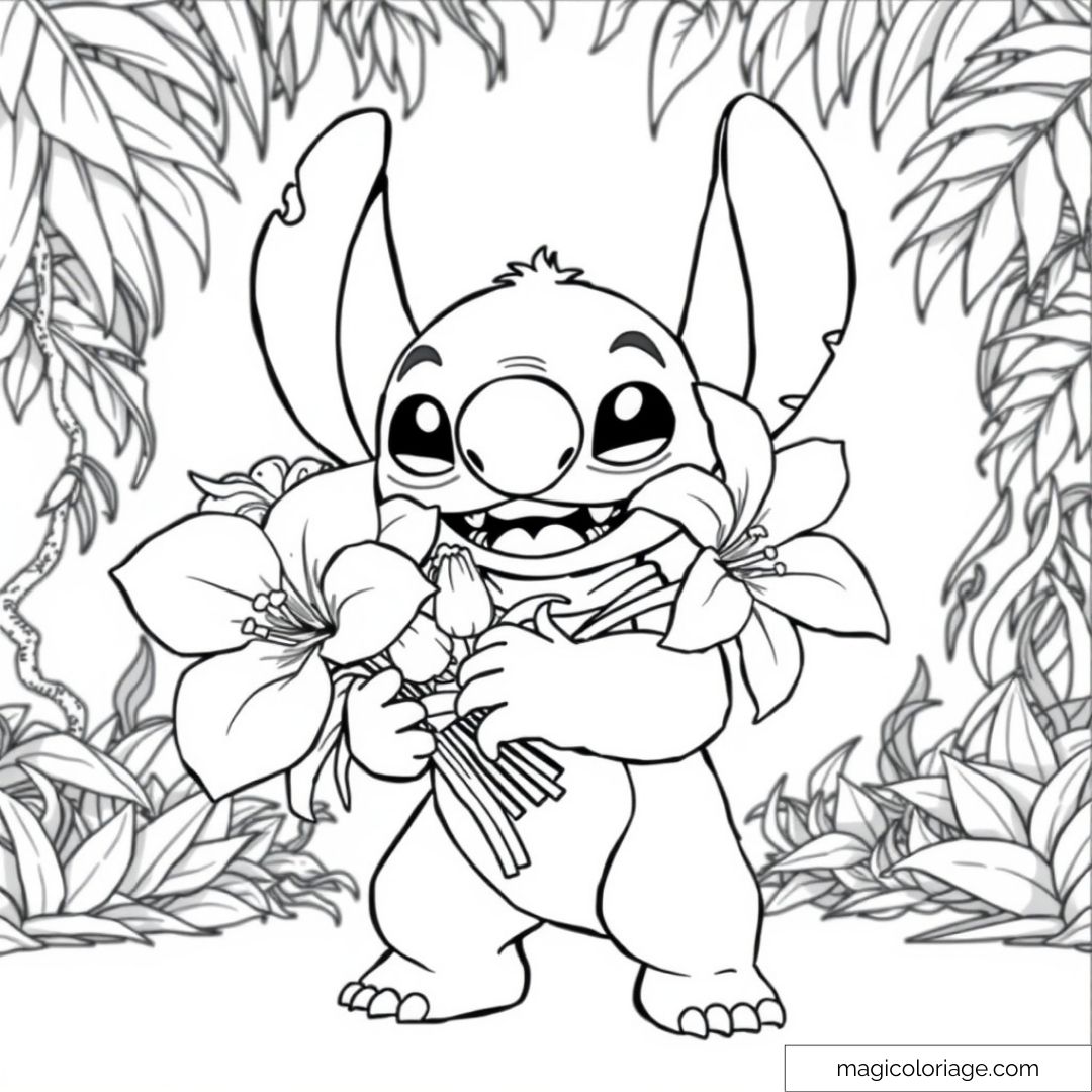 Coloriage à imprimer de Stitch tenant un bouquet de fleurs tropicales, parfait pour les enfants.