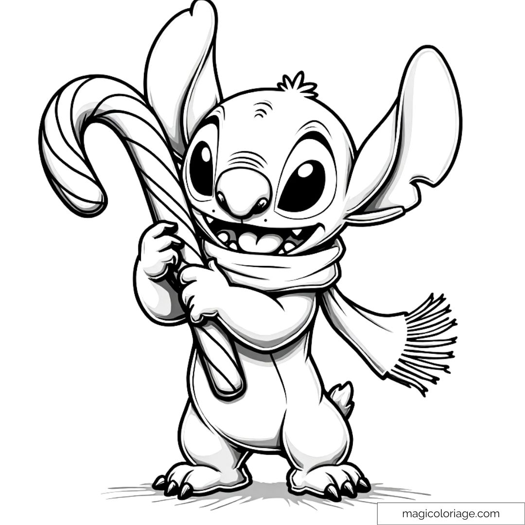 Dessin de Stitch tenant une grande canne en sucre d'orge et portant une écharpe d'hiver.