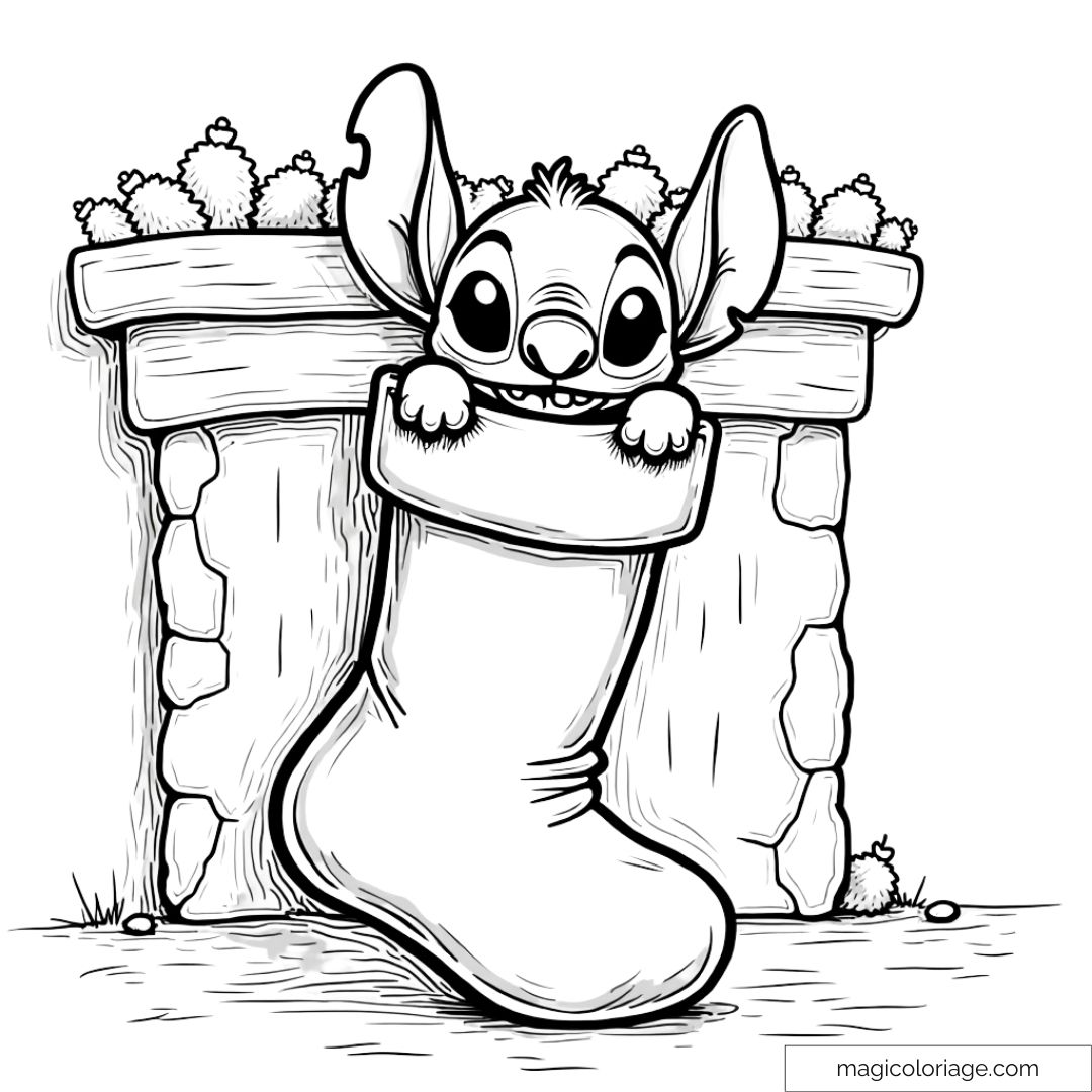Dessin de Stitch caché dans une grande chaussette de Noël accrochée à la cheminée, souriant joyeusement.