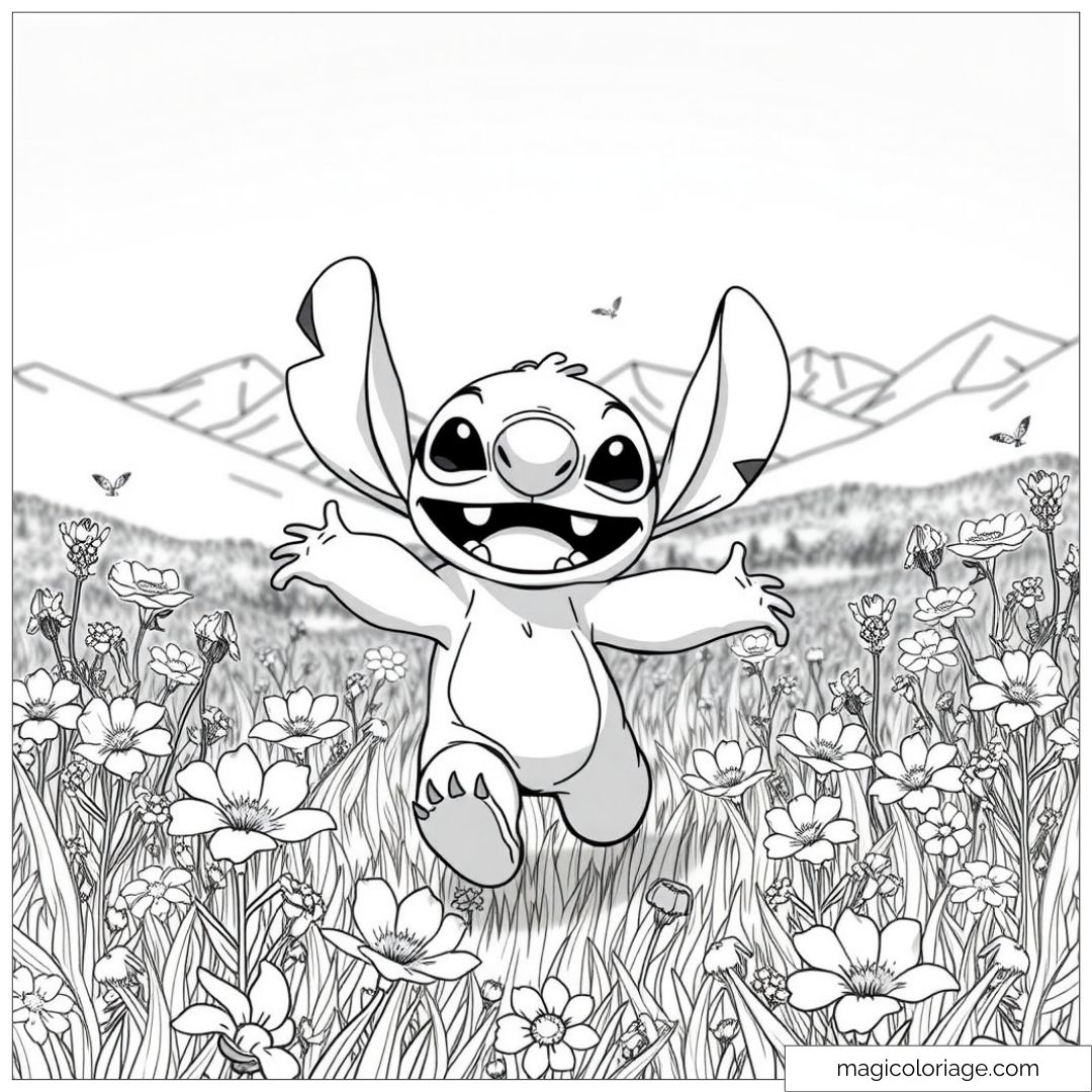 Coloriage à imprimer de Stitch courant dans un champ de fleurs avec des montagnes en arrière-plan.
