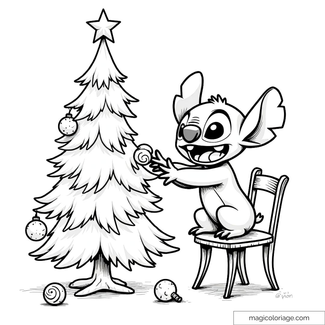 Dessin de Stitch debout sur une chaise, accrochant des boules de Noël sur un sapin festif.
