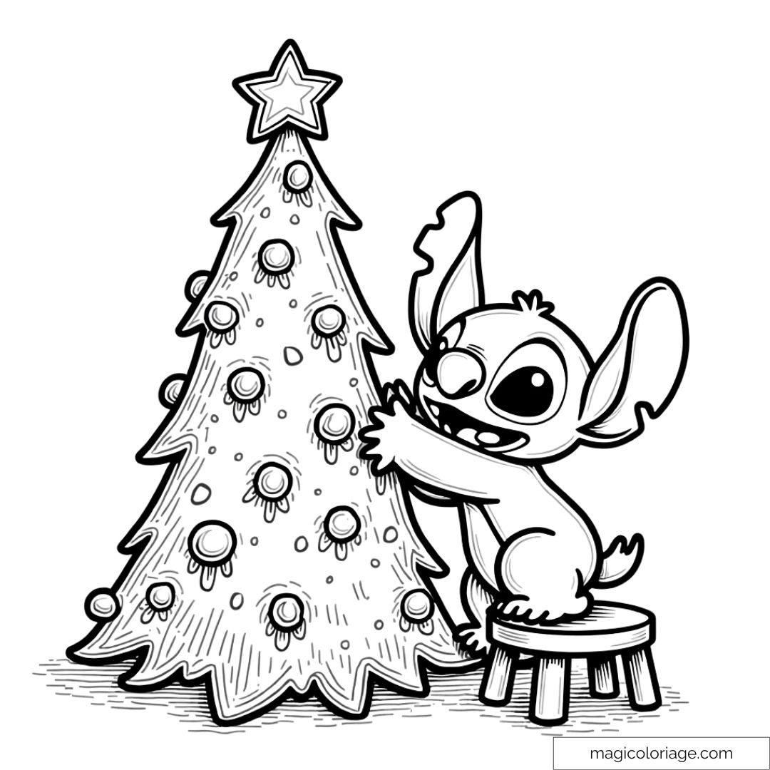 Dessin de Stitch décorant un sapin de Noël, se tenant sur un tabouret pour accrocher les boules et l'étoile.