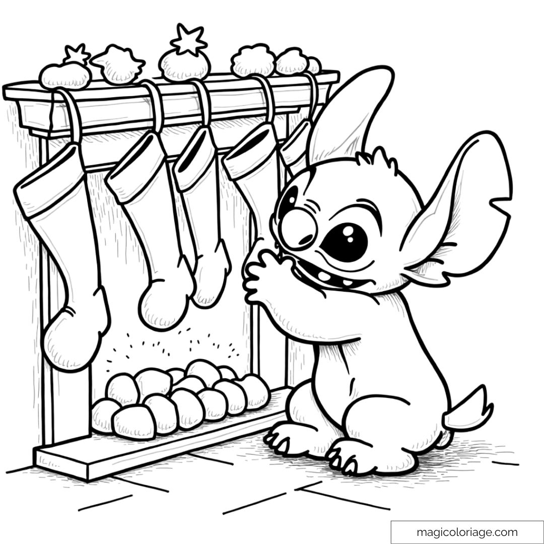 Dessin de Stitch devant une cheminée avec des chaussettes de Noël suspendues, prêt à fêter Noël.