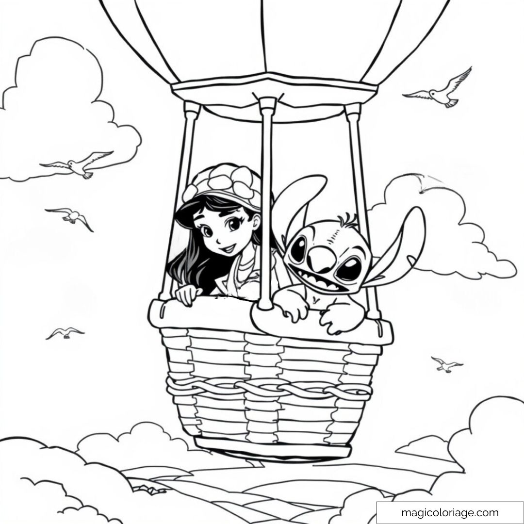 Coloriage à imprimer de Stitch et Lilo dans une montgolfière survolant les nuages, entourés d'oiseaux.
