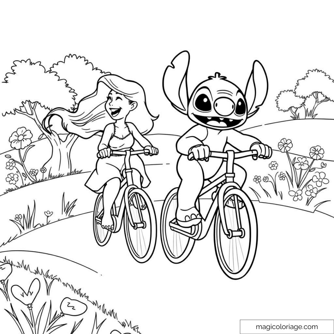 Coloriage à imprimer de Stitch et Lilo faisant du vélo dans la nature, entourés de fleurs et d’arbres.
