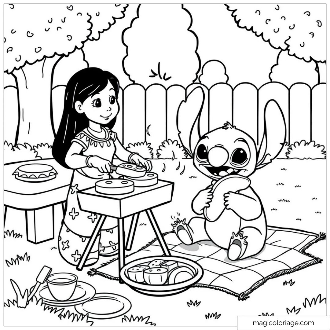 Coloriage à imprimer de Stitch et Lilo en train de faire un barbecue dans le jardin.