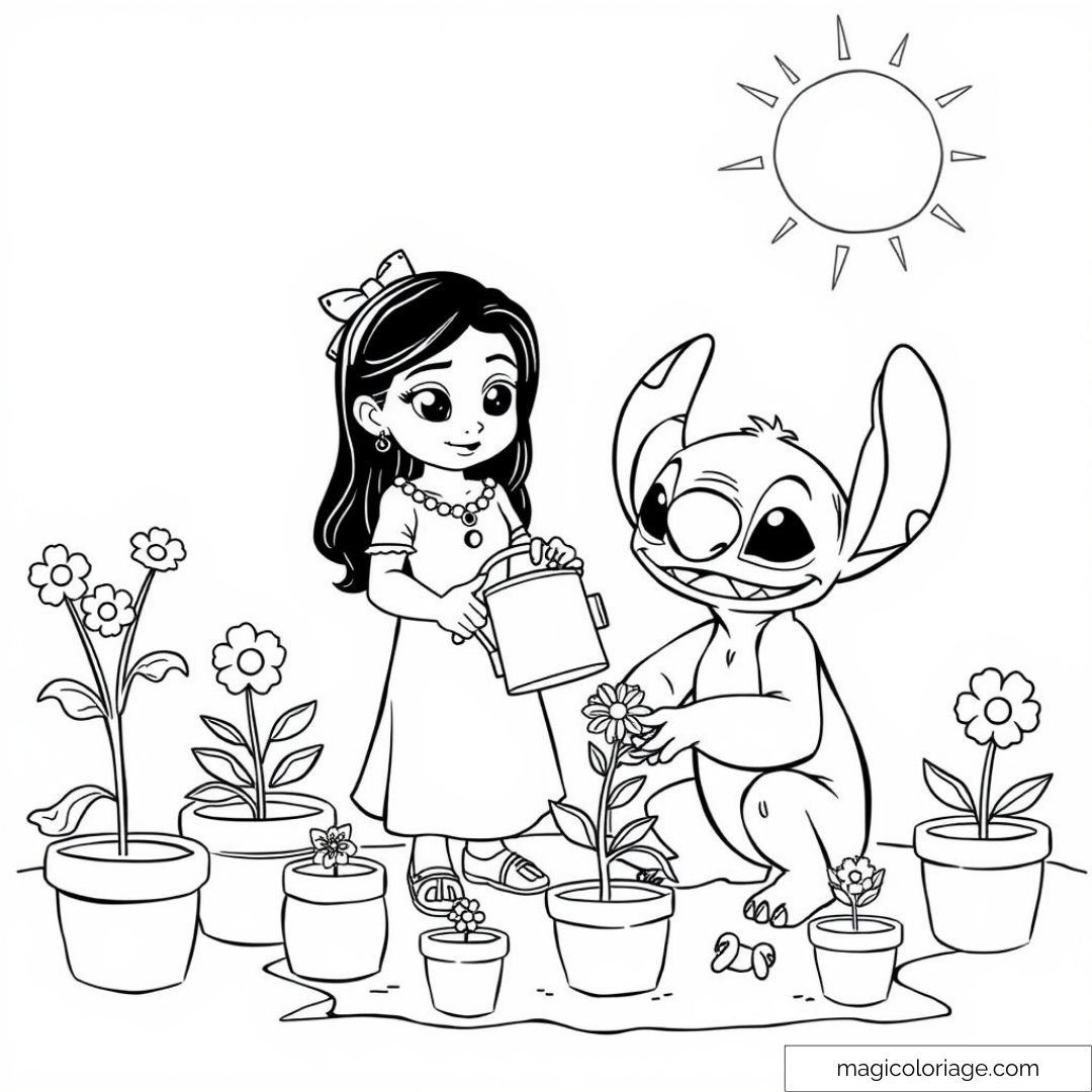 Coloriage à imprimer de Stitch et Lilo en train de jardiner avec des pots de fleurs sous le soleil.