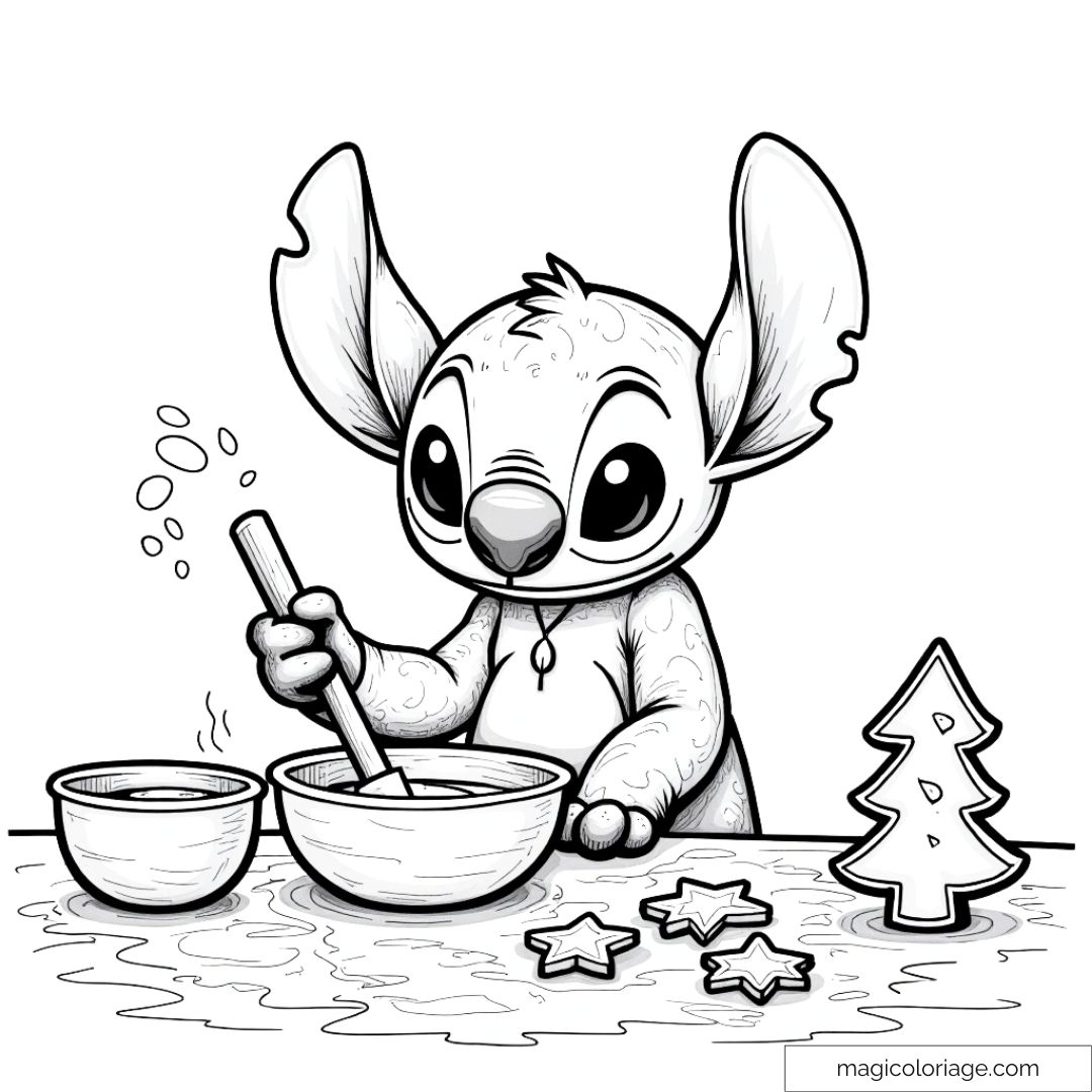 Dessin de Stitch préparant des biscuits de Noël en forme d'étoiles et d'arbre, avec deux bols devant lui.