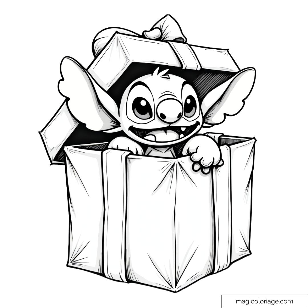 Dessin de Stitch sortant joyeusement d’un grand cadeau de Noël avec un ruban sur la boîte.