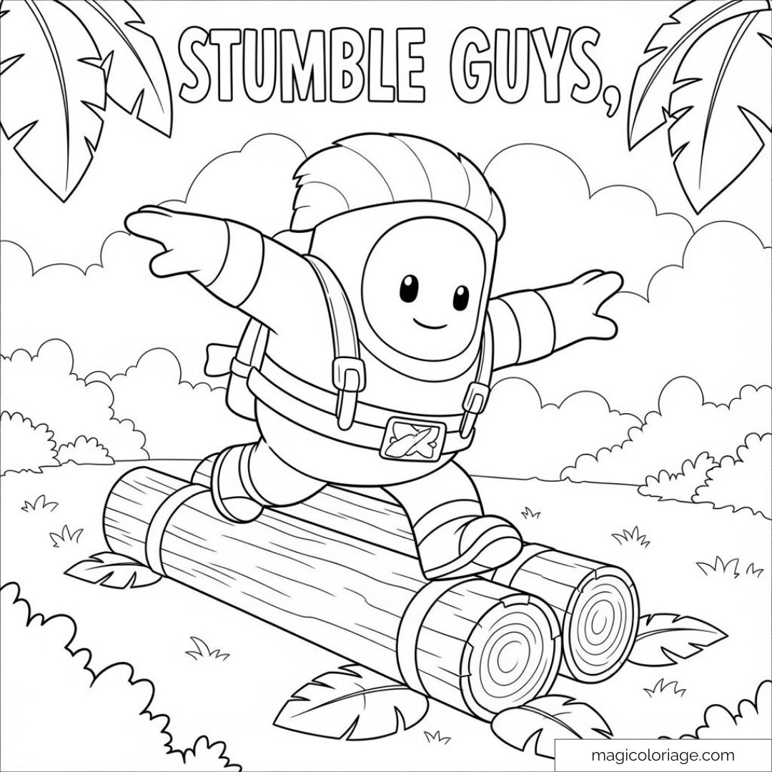 Stumble Guys personnage sur rondins entouré de nature