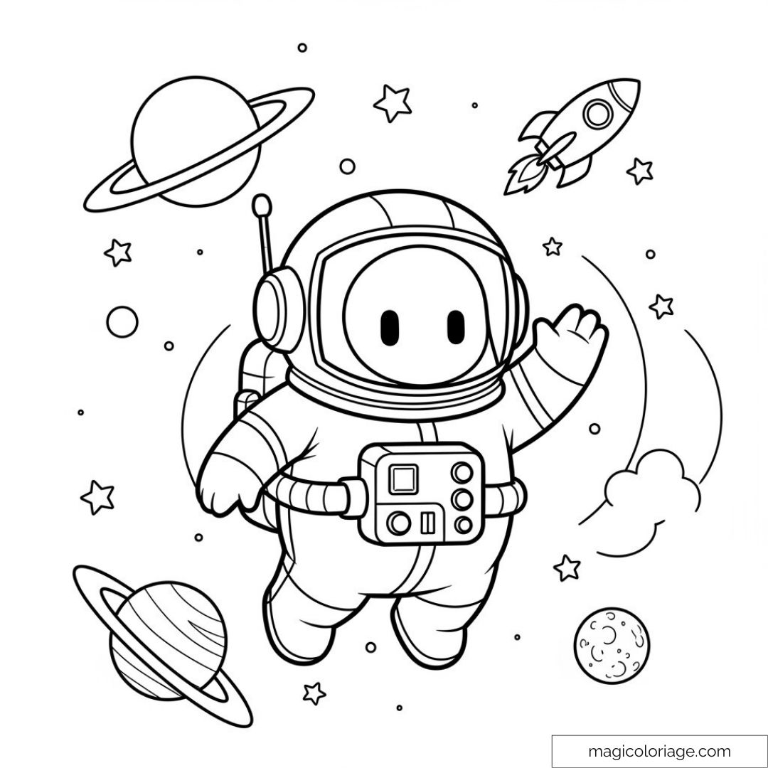 Coloriage astronaute Stumble Guys dans l'espace avec planètes et fusée