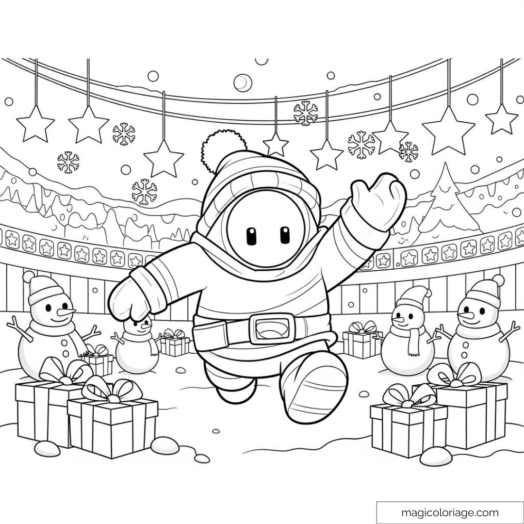 Dessin de personnage Stumble Guys en tenue de Noël entouré de cadeaux et bonshommes de neige.