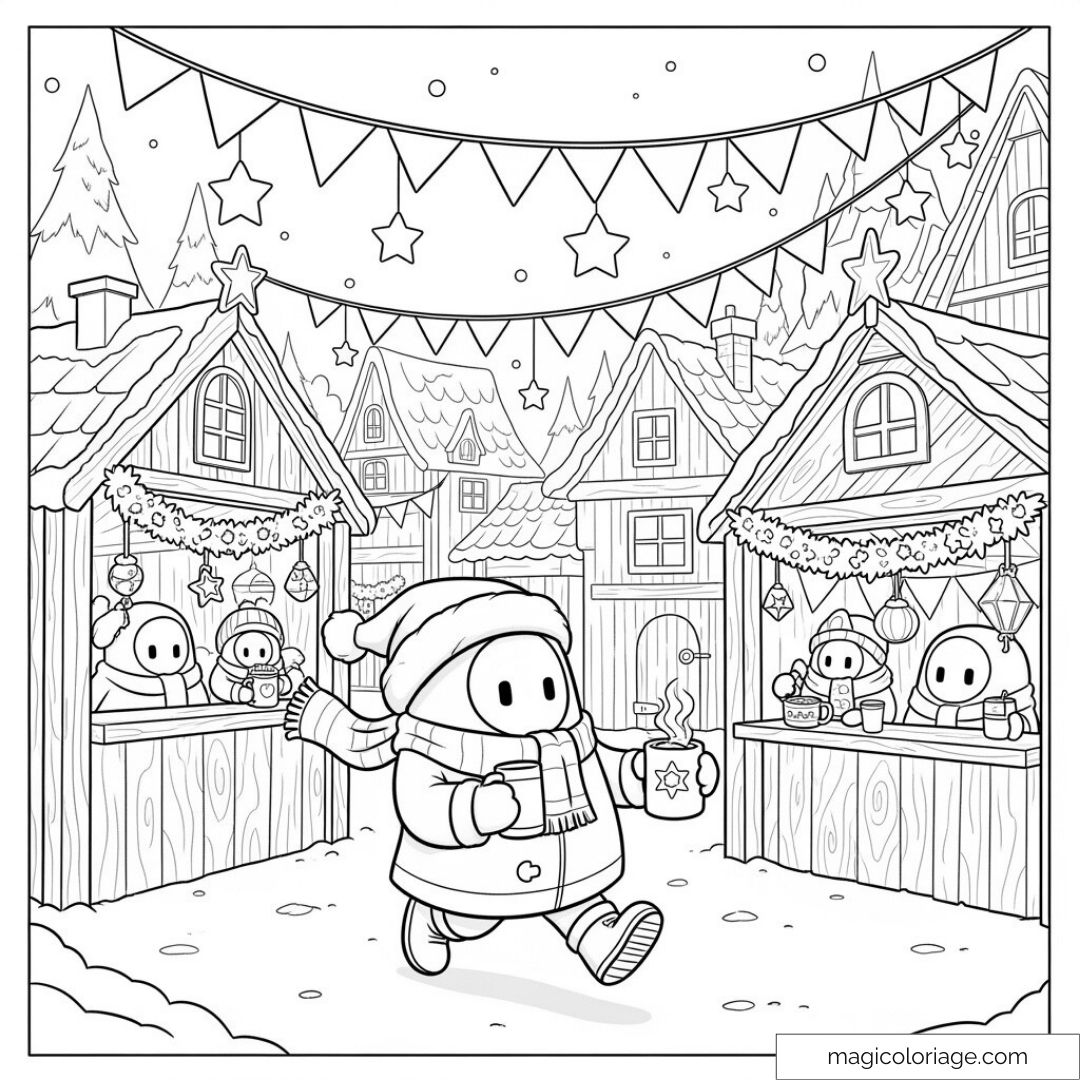Personnages Stumble Guys marchant au marché de Noël enneigé