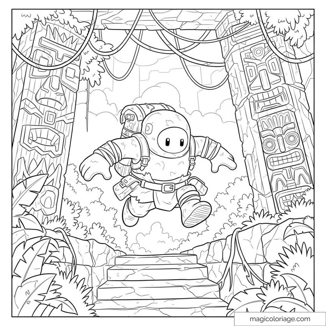 Personnage Stumble Guys sautant dans une jungle mystérieuse avec piliers symboliques.