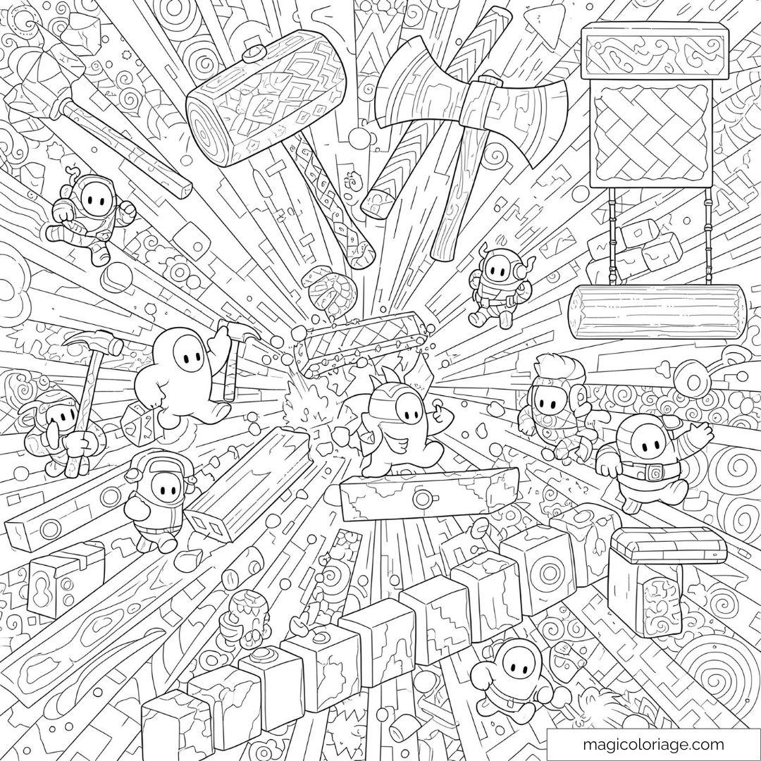 Dessin à colorier de Stumble Guys avec personnages en action et obstacles.