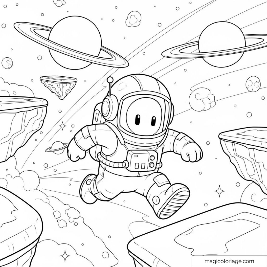 Stumble Guys en scaphandre sautant dans l'espace avec des planètes et étoiles.