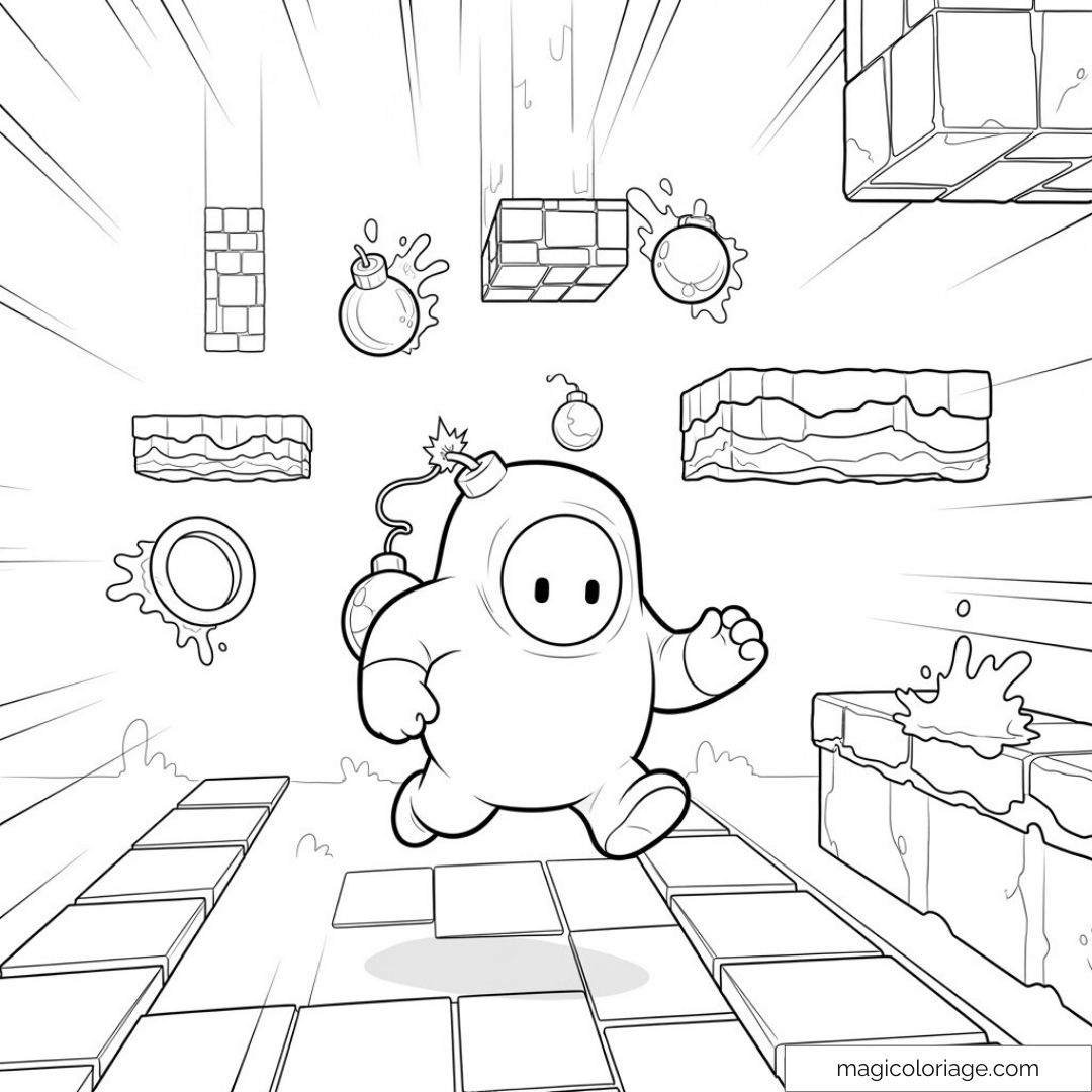 Dessin de Stumble Guys avec aventurier sautant entre obstacles et bombes
