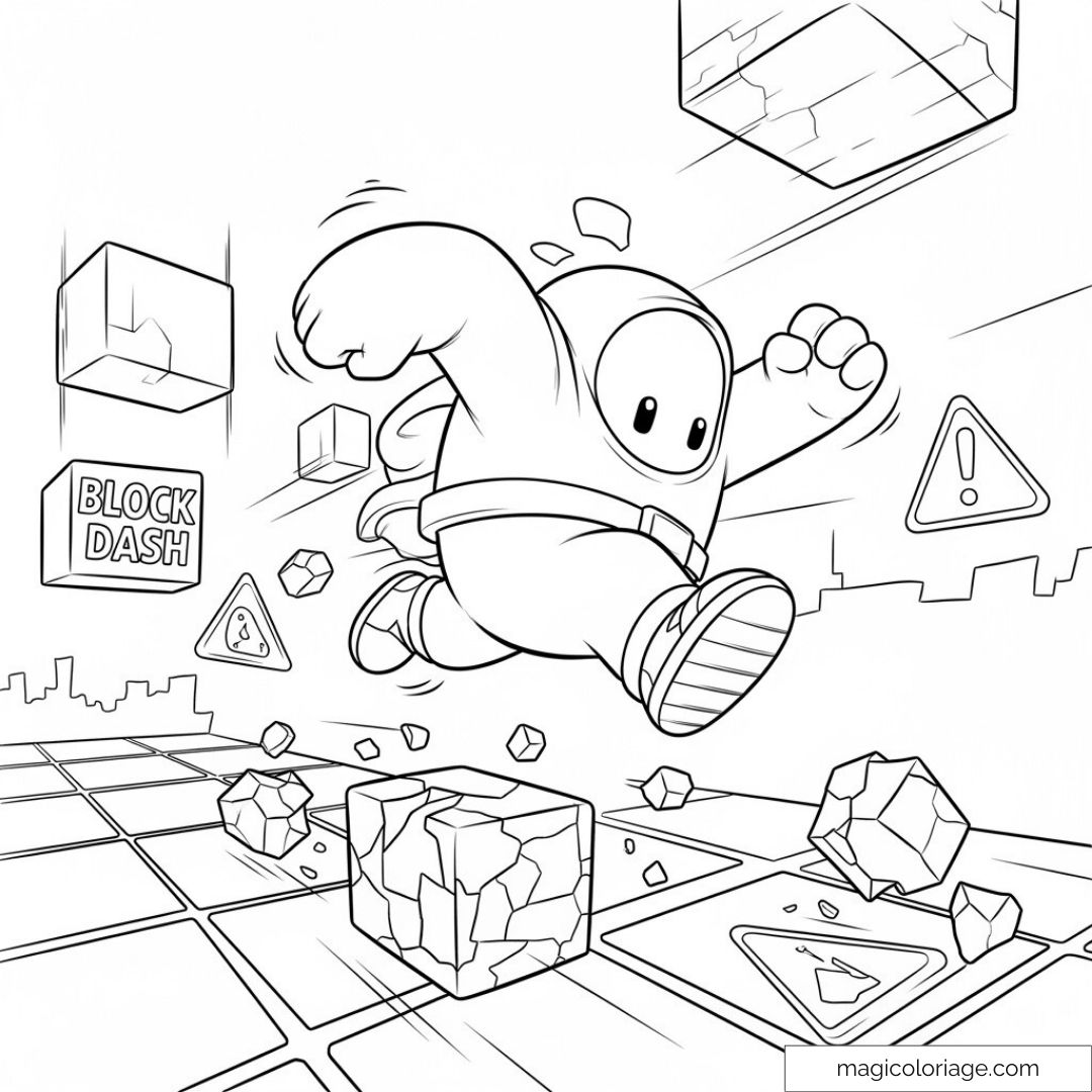 Stumble Guys sautant sur des blocs avec des panneaux d'avertissement