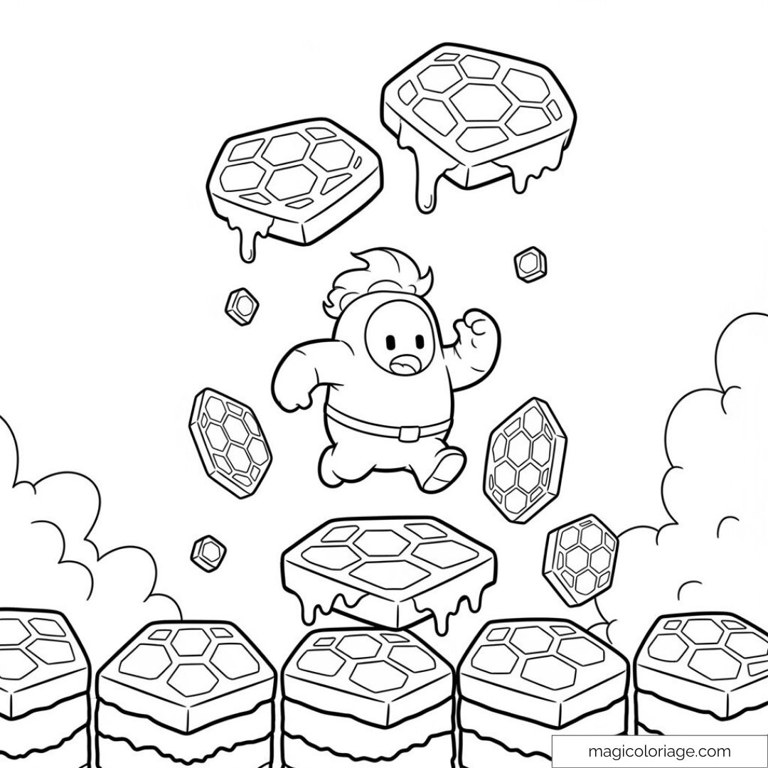 Stumble Guys sautant sur des plateformes hexagonales.