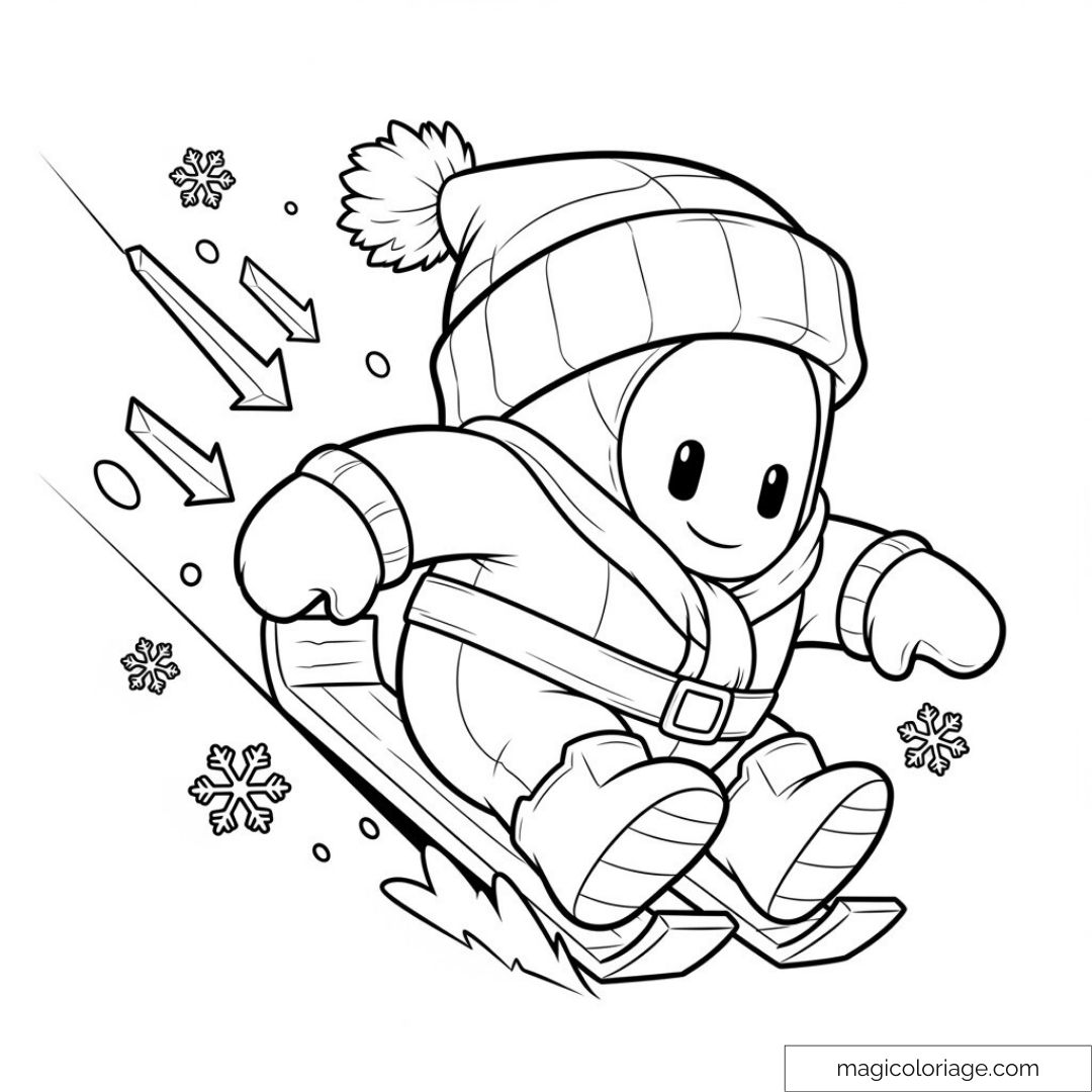 Dessin de Stumble Guys en luge avec bonnet et flocons de neige.