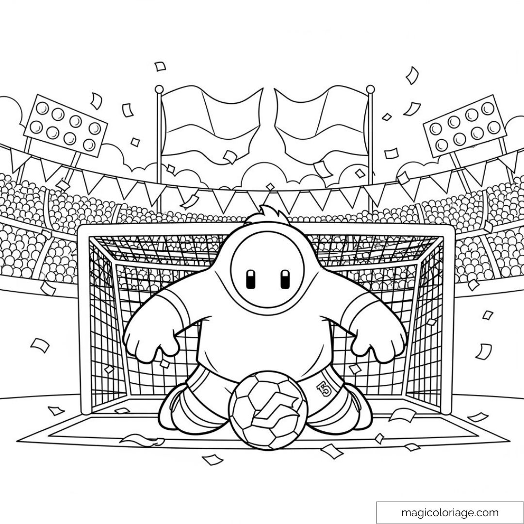 Stumble Guys gardien de but avec ballon au centre du stade