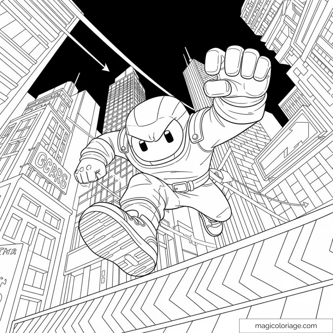 Coloriage Stumble Guys avec un personnage sautant sur un fond urbain détaillé.