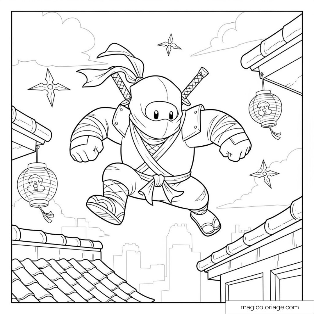 Dessin Stumble Guys Ninja sautant de toit en toit avec lanterne et shuriken.