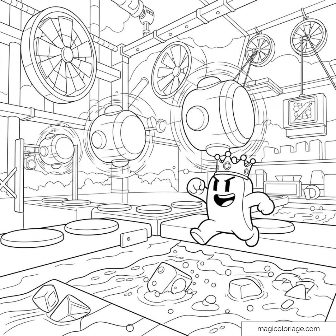 Dessin à colorier d'un personnage Stumble Guys dans un parcours d'obstacles dynamique.