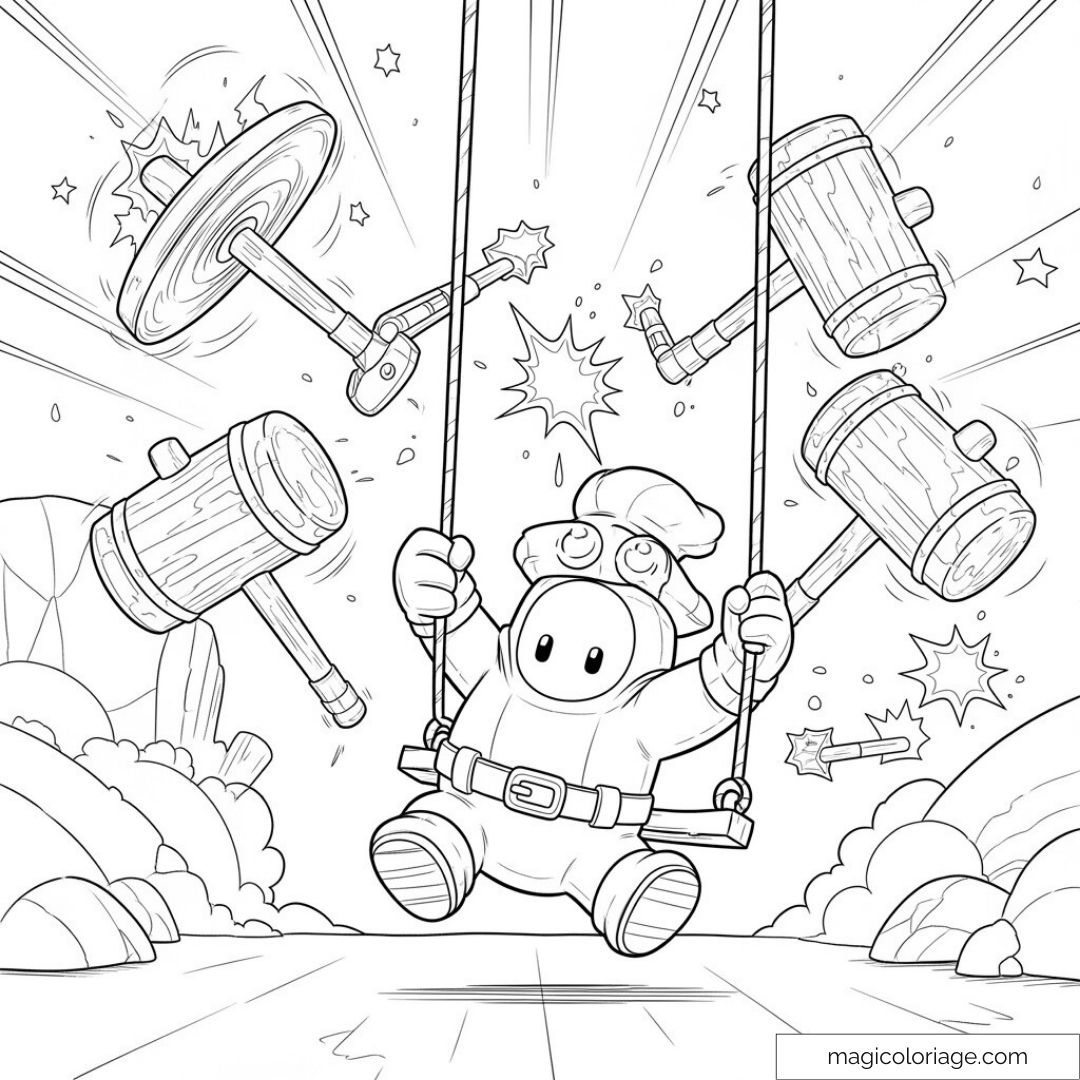 Personnage de Stumble Guys en plein défi sur une balançoire
