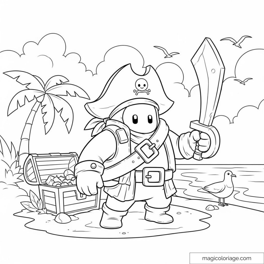Dessin à colorier de pirate Stumble Guys avec trésor et plage