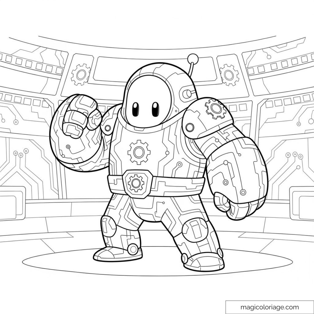 Dessin de robot Stumble Guys futuriste dans une scène technologique.