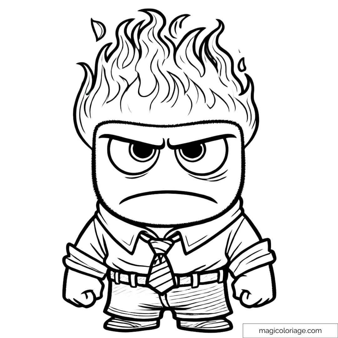 Coloriage Colère, personnage plus mature de Vice-Versa 2, en rage avec des flammes, à imprimer.