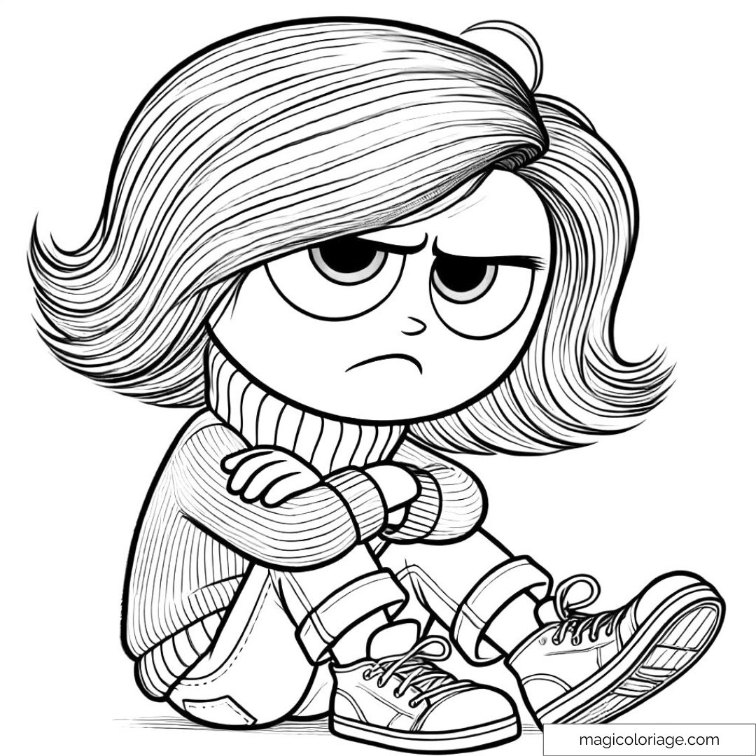 Coloriage Dégoût de Vice-Versa 2, assise avec une expression agacée, à imprimer pour les enfants.