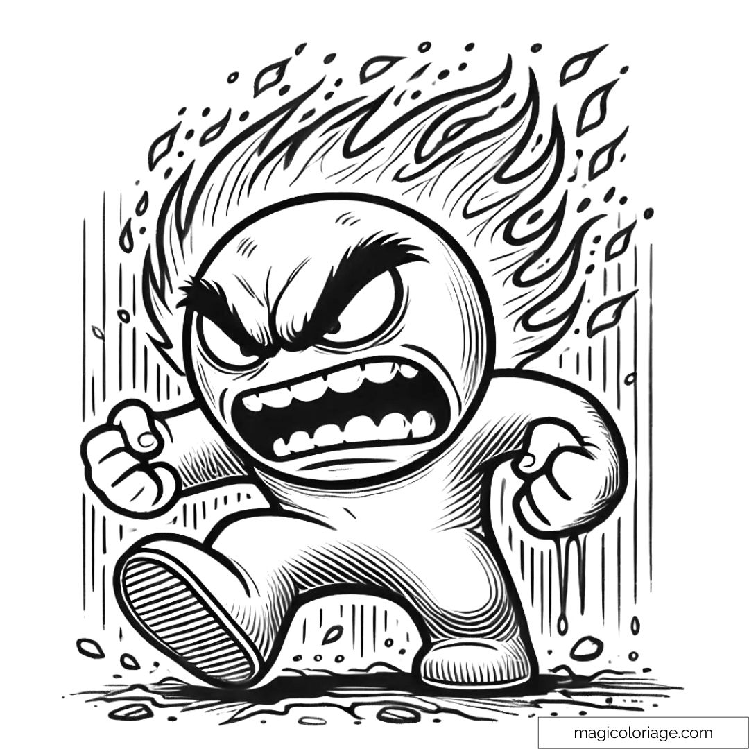 Coloriage détaillé de Colère de Vice-Versa, en rage avec des flammes, à imprimer pour les enfants.