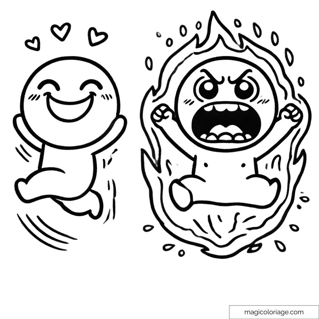 Coloriage de Joy et Colère, personnages de Vice-Versa, sautant de bonheur et furieux, à imprimer.