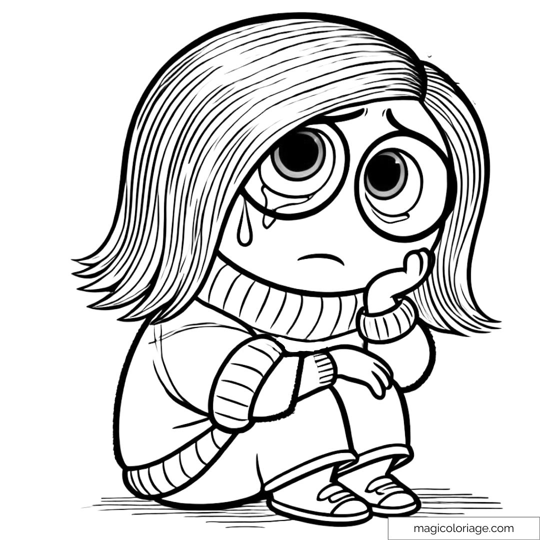 Coloriage Tristesse de Vice-Versa 2, personnage plus âgé, assise, à imprimer pour enfants.