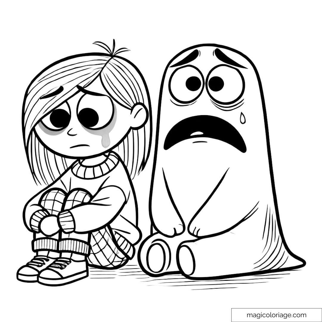 Dessin à colorier de Tristesse et Peur du film Vice-Versa, assis ensemble.