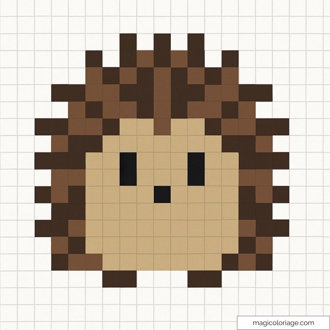 Image d’un hérisson en pixel art avec des nuances de brun et noir.